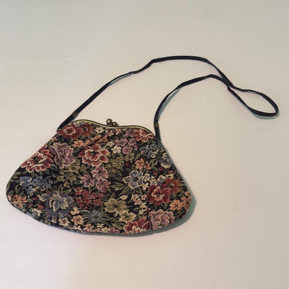 Vintage Tapestry Handbag Floral Kiss Lock Shoulder Bag Multicolor Boho Chic